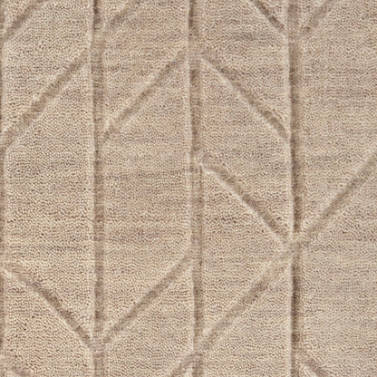 Beige textured rug with raised geometric diamond patterns in a soft plush pile.