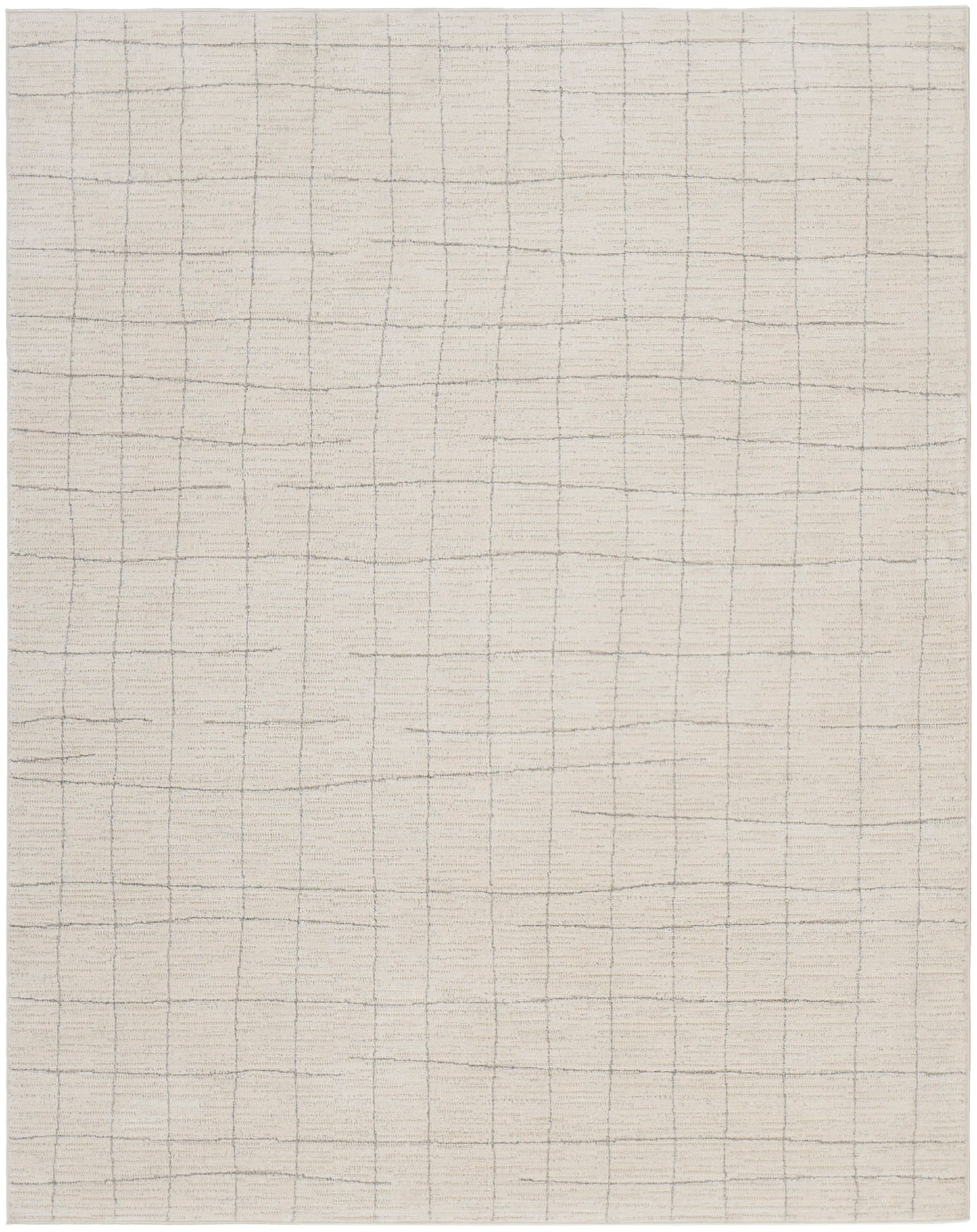 Neutral beige woven rug with a subtle gray grid pattern and textured surface; rectangular, ideal for living room.