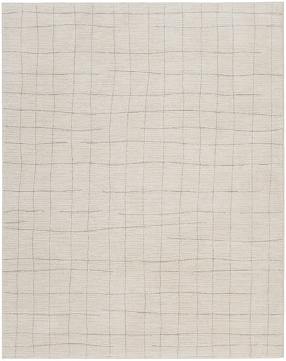 Neutral beige woven rug with a subtle gray grid pattern and textured surface; rectangular, ideal for living room.