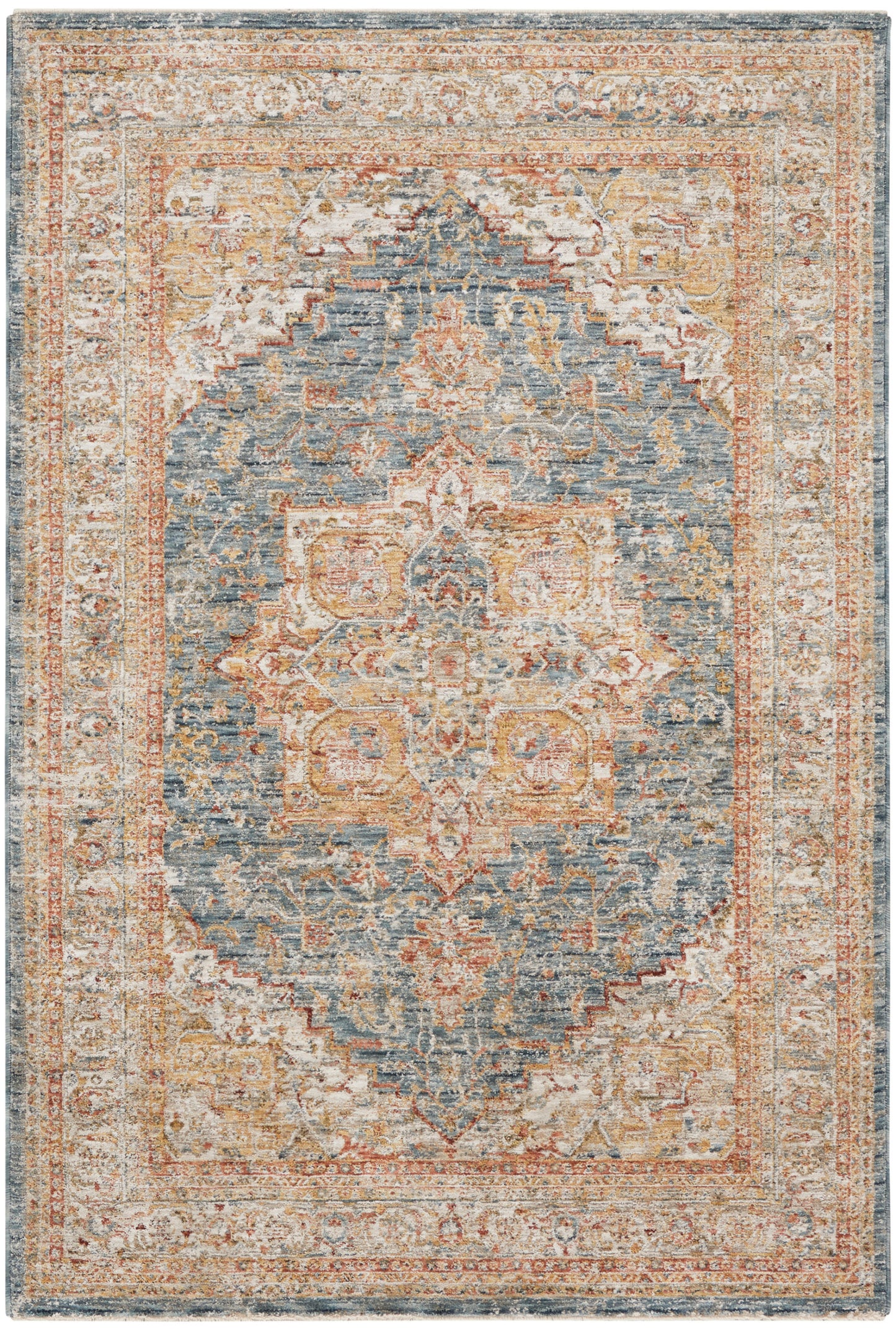 Distressed vintage oriental area rug with blue field, ivory and rust medallion, and ornate floral border.