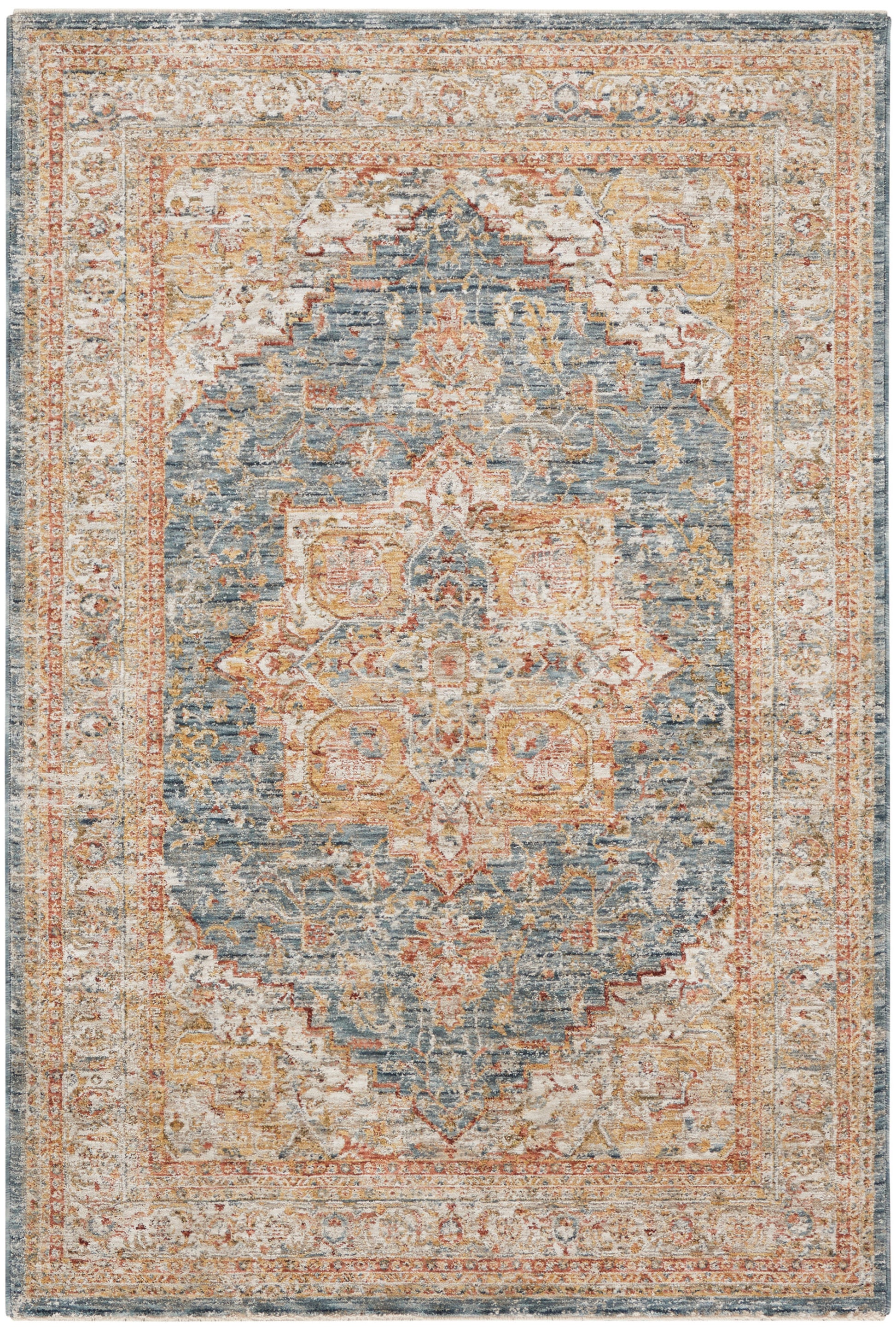 Distressed vintage oriental area rug with blue field, ivory and rust medallion, and ornate floral border.