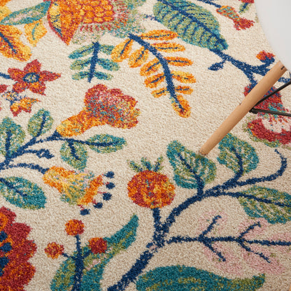 Colorful floral patterned rug on cream background; bright blues, oranges, and greens; pencil resting on the edge.
