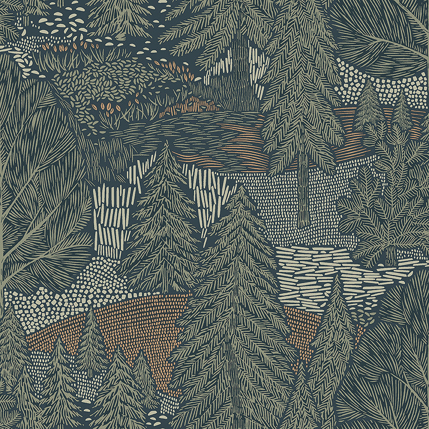 Dark teal fabric featuring a dense spruce forest pattern in beige and copper, rustic botanical textile for upholstery.