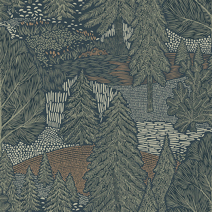 Dark teal fabric featuring a dense spruce forest pattern in beige and copper, rustic botanical textile for upholstery.