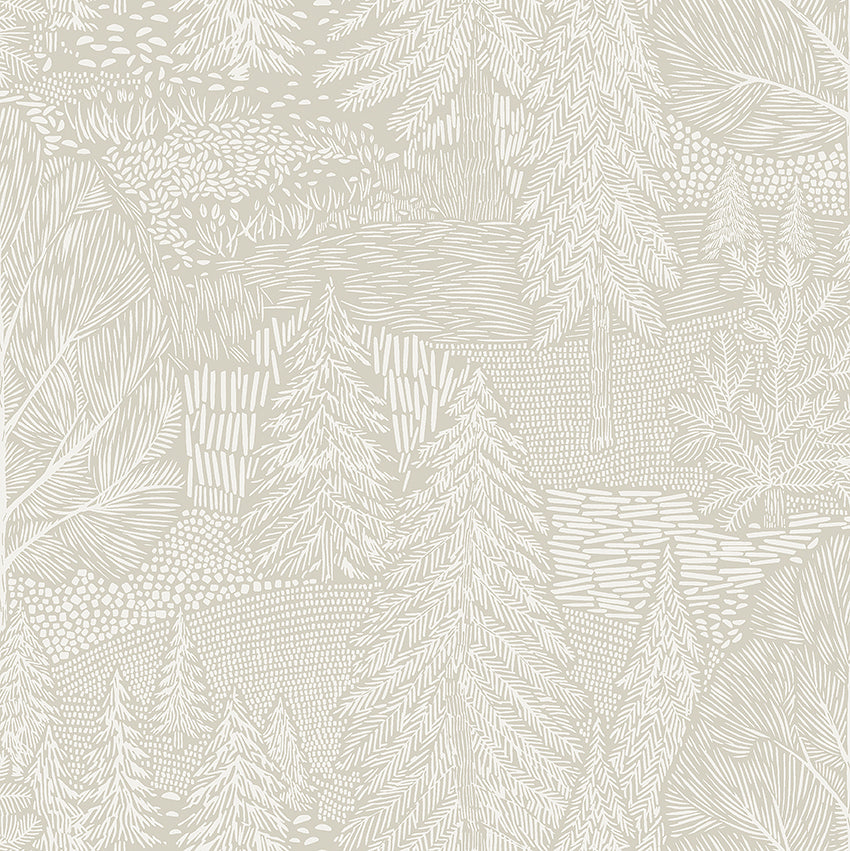 Beige wallpaper featuring white line art of pine trees and botanical foliage in a seamless woodland pattern.