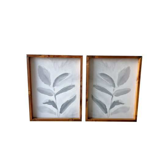 Set of Two Modern Blue Gray Leaves Framed Canvas Wall Art