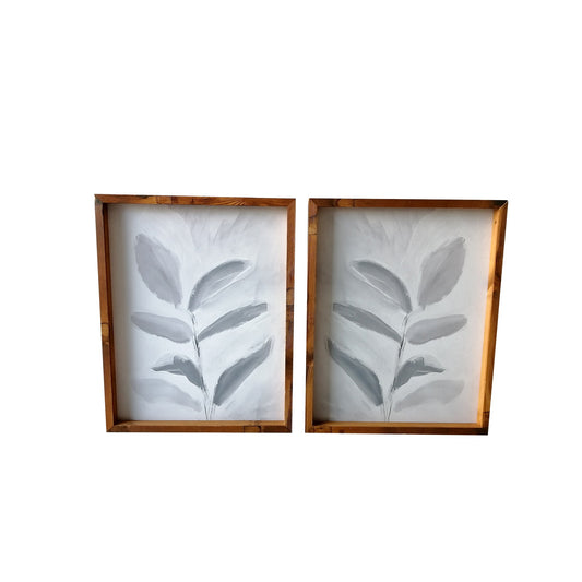 Set Of Two Modern Blue Gray Leaves Framed Canvas Wall Art Brown Picture Frame Print Wall Art