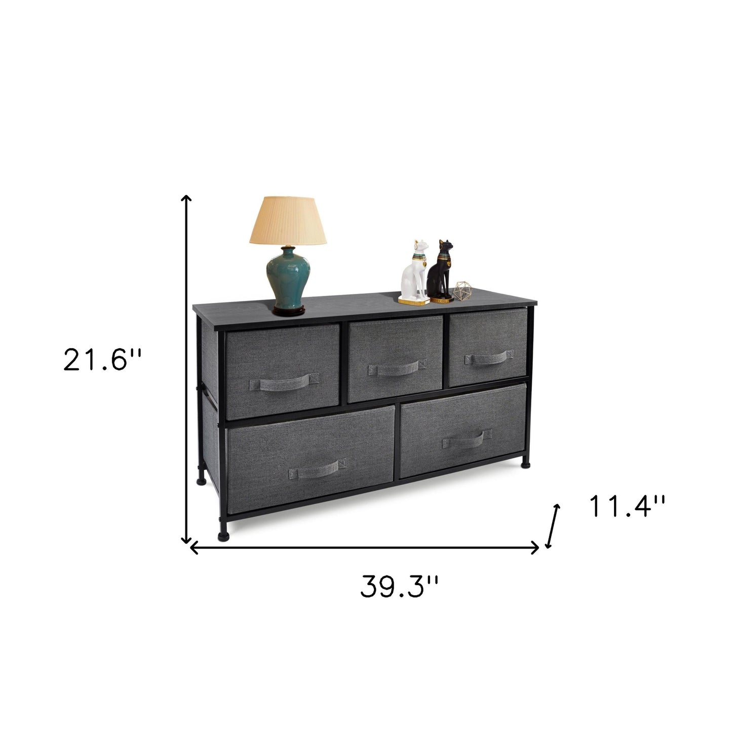 39" Black And Dark Fabric and Steel Accent Chest With Two Shelves And Five Drawers