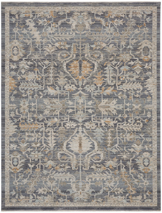 Blue-gray traditional oriental area rug with ivory/tan floral damask pattern and bordered edges.