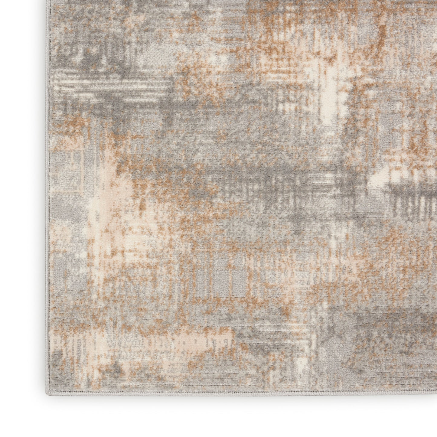 Rectangular area rug featuring a distressed abstract pattern in gray, beige, and rust tones; 10' x 14' size, soft, modern decor rug.