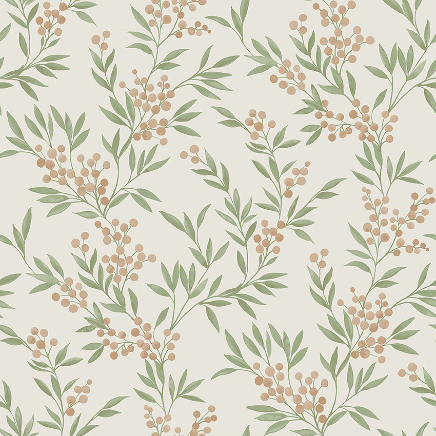Cream wallpaper featuring olive-green leaves and peach berries in a seamless botanical pattern.