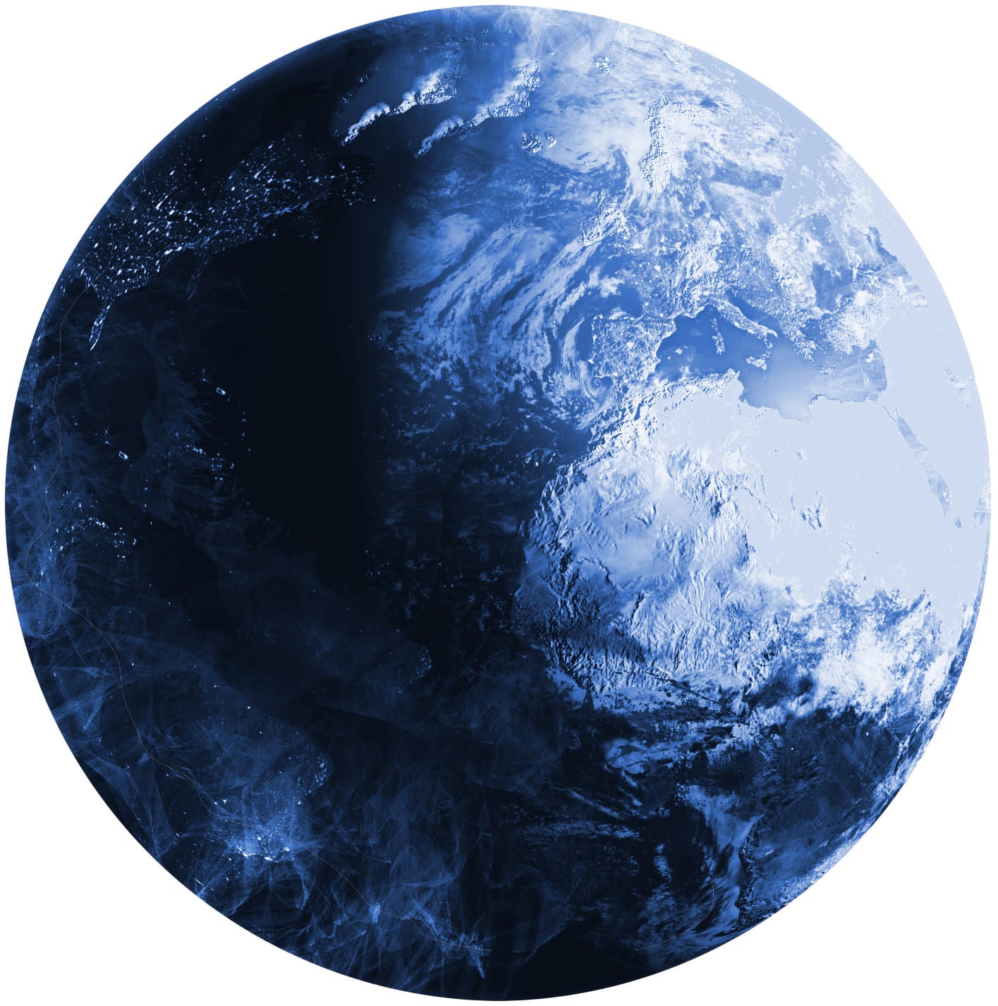 Blue Earth globe in space, half-lit with visible continents on a deep blue sphere.