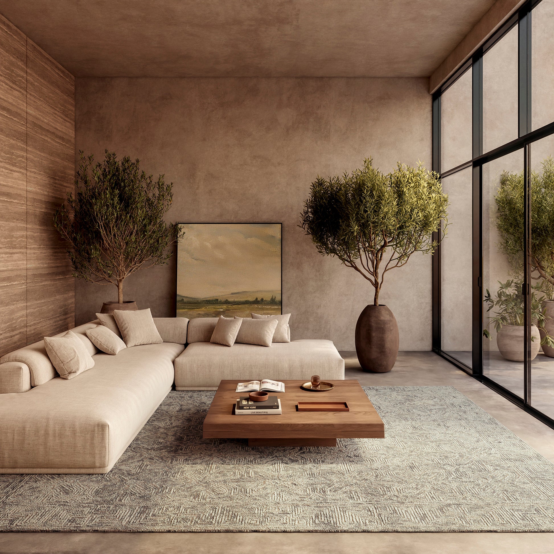 Neutral beige rug with subtle texture, 8' x 12'.
