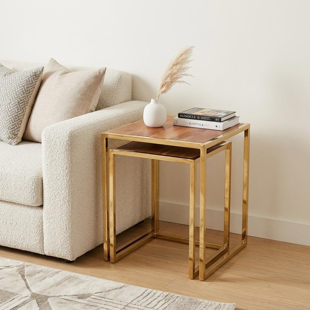 Set of Three Stylish Wood and Metal C Shaped Nesting End Tables