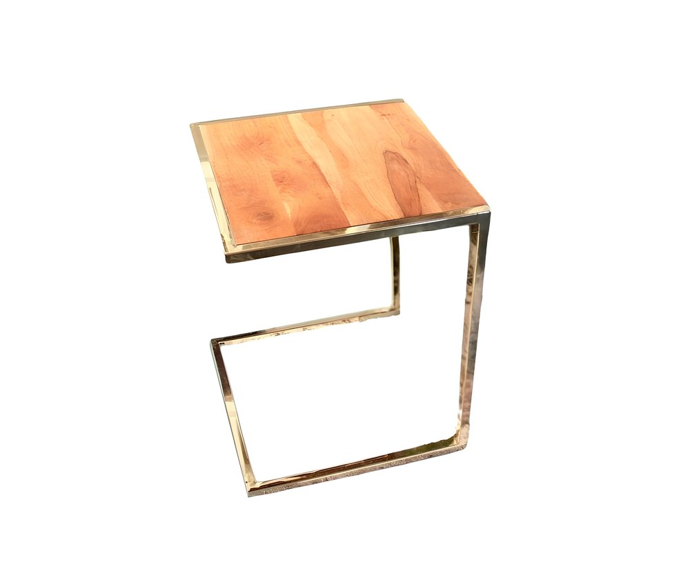 Set of three wood and metal C-shaped nesting end tables with wooden tops and gold frames.