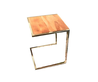 Set of three wood and metal C-shaped nesting end tables with wooden tops and gold frames.