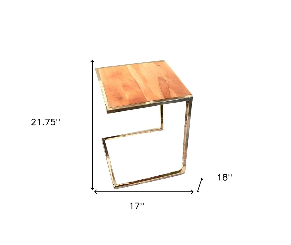 Set of three copper-toned metal & wood C-shaped nesting end tables with warm wood tops.