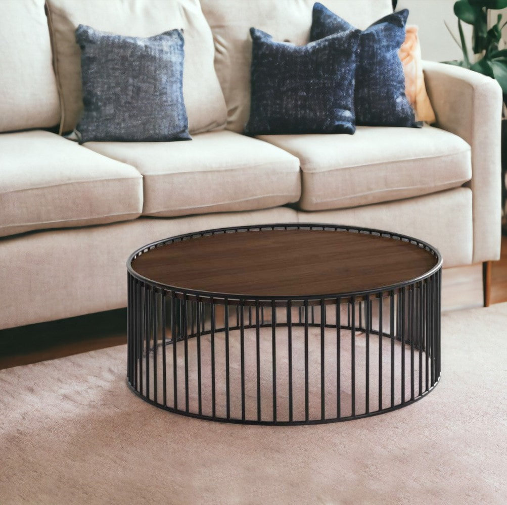 Modern Walnut and Black Metal Rods Round Coffee Table