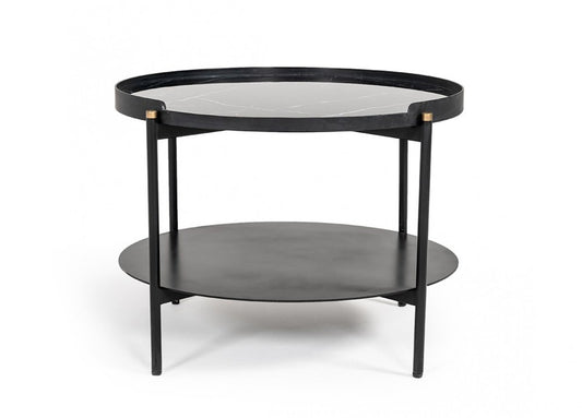 24" Black Faux Marble And Metal Round Coffee Table With Shelf