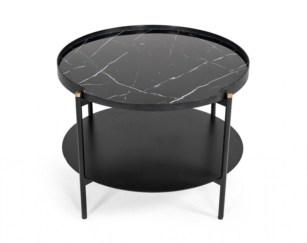 24" Black Faux Marble And Metal Round Coffee Table With Shelf
