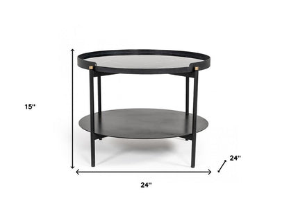 24" Black Faux Marble And Metal Round Coffee Table With Shelf