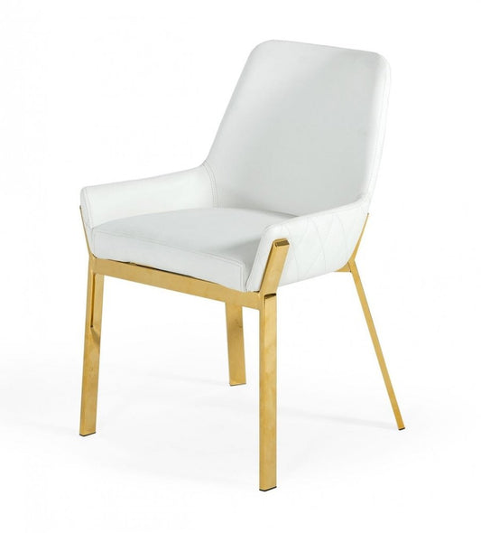 White and Gold Upholstered Faux Leather Dining Arm Chair
