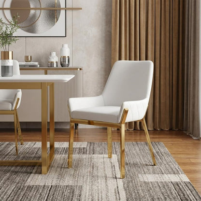 White and Gold Upholstered Faux Leather Dining Arm Chair