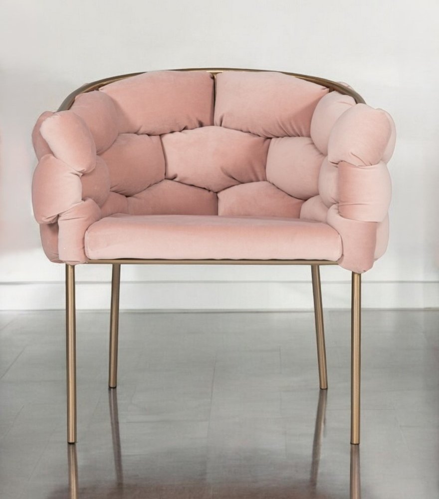 Pink and Brass Upholstered Fabric Dining Arm Chair