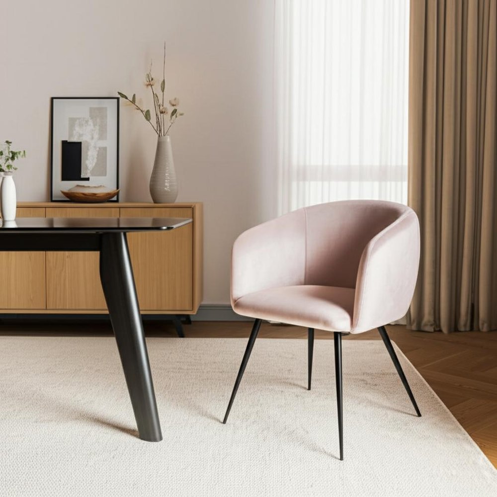Pink and black velvet upholstered dining arm chair