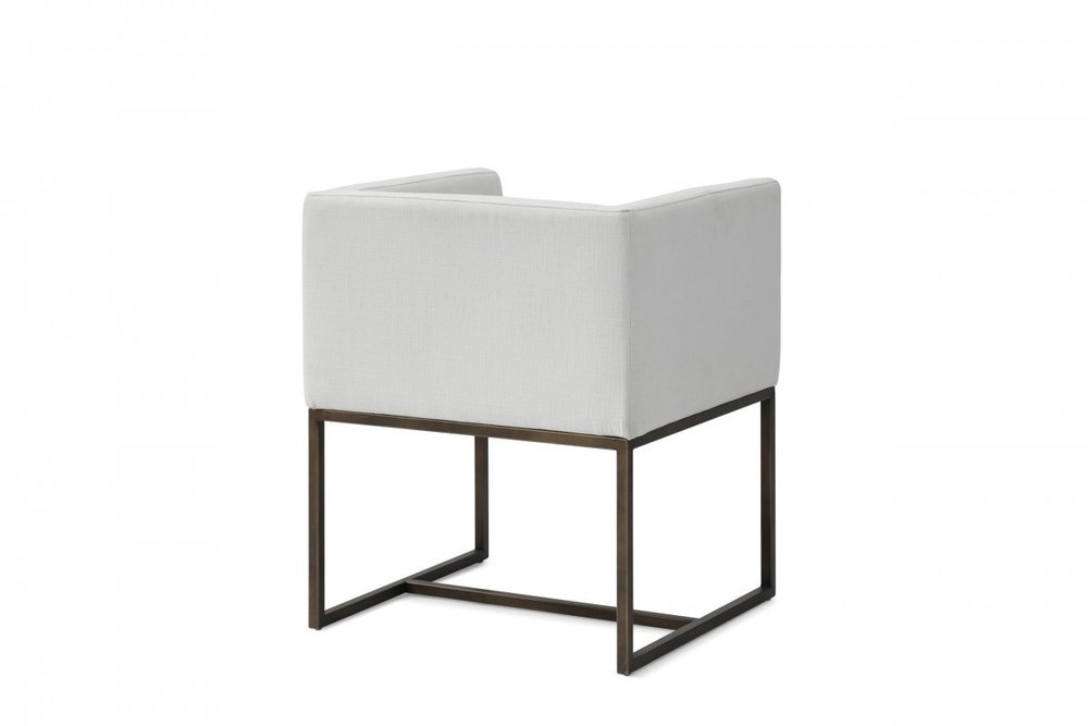 Off White and Antiqued Brass Upholstered Fabric Dining Arm Chair