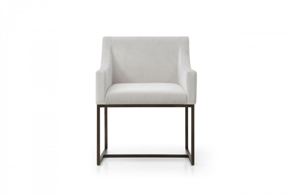 Beige and Antiqued Brass Upholstered Fabric Dining Arm Chair