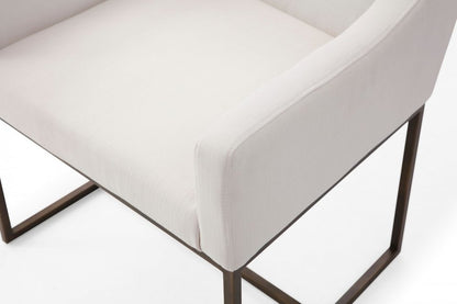 Beige and Antiqued Brass Upholstered Fabric Dining Arm Chair