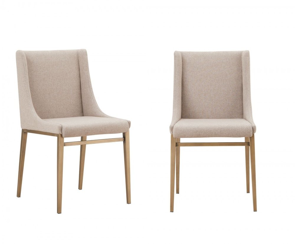 Set of Two Beige and Antiqued Brass Upholstered Fabric Wing Back Dining Side Chairs