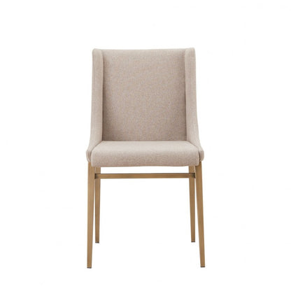 Set of Two Beige and Antiqued Brass Upholstered Fabric Wing Back Dining Side Chairs