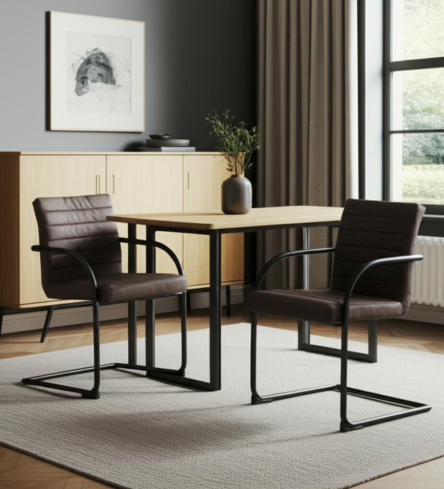 Set of Two Brown and Black Upholstered Faux Leather Dining Arm Chairs