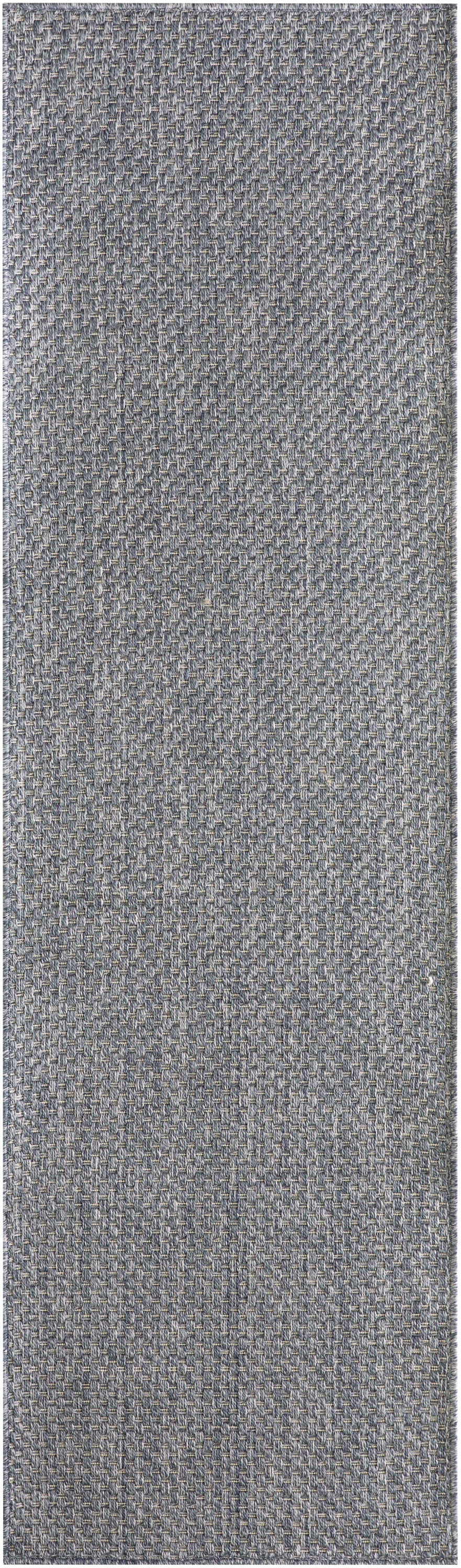 Blue-gray flat-weave outdoor 6' runner rug with a tight woven grid texture.