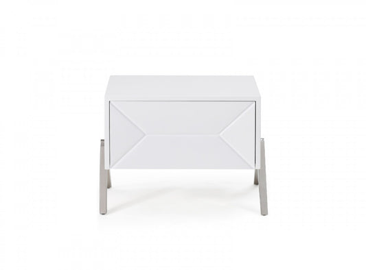 Modern Silky White Nightstand with One Drawer and Steel Legs