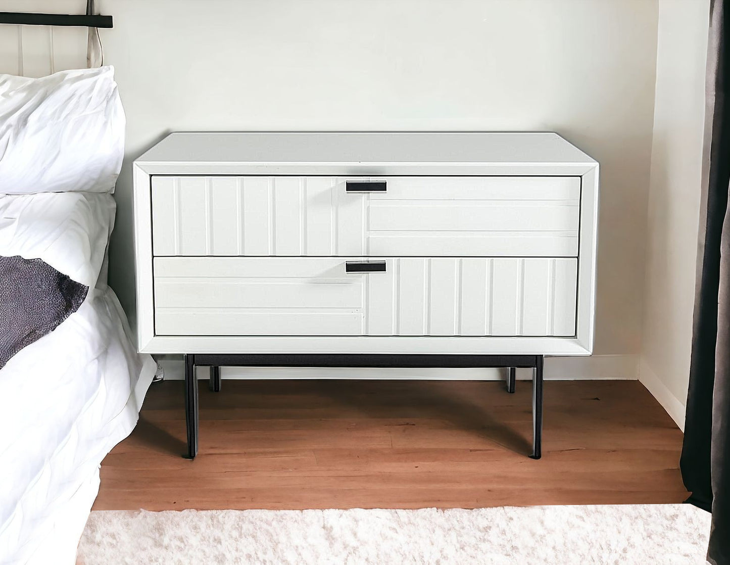 16" White and Black Two Drawer Faux Wood Nightstand