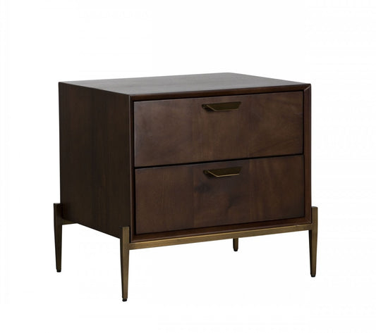 22" Brass Two Drawers Solid Wood Nightstand