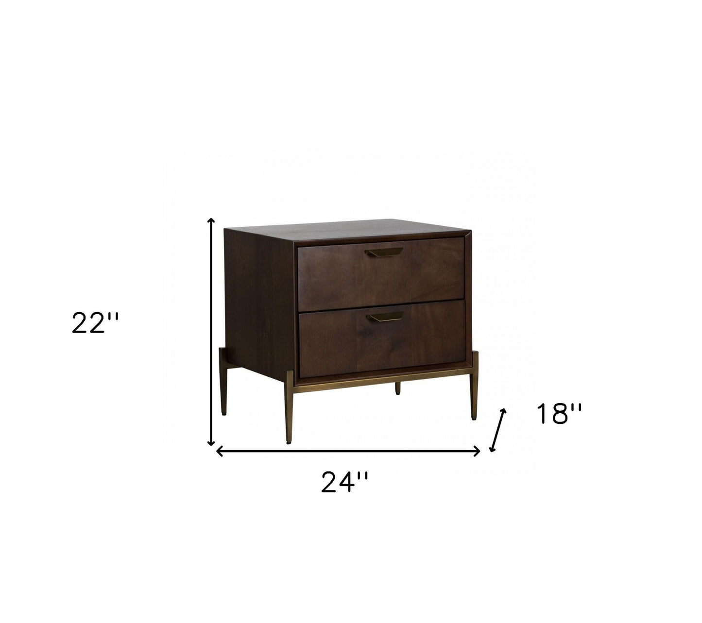 22" Brass Two Drawers Solid Wood Nightstand