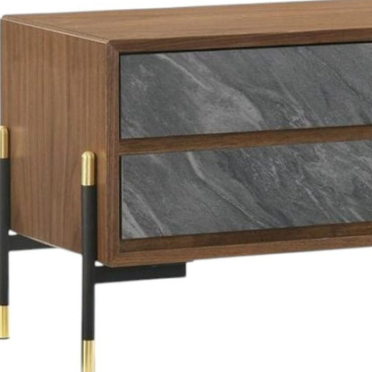 Mid Century Walnut and Gray Faux Marble Two Drawer Nightstand