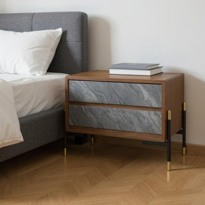 Mid Century Walnut and Gray Faux Marble Two Drawer Nightstand