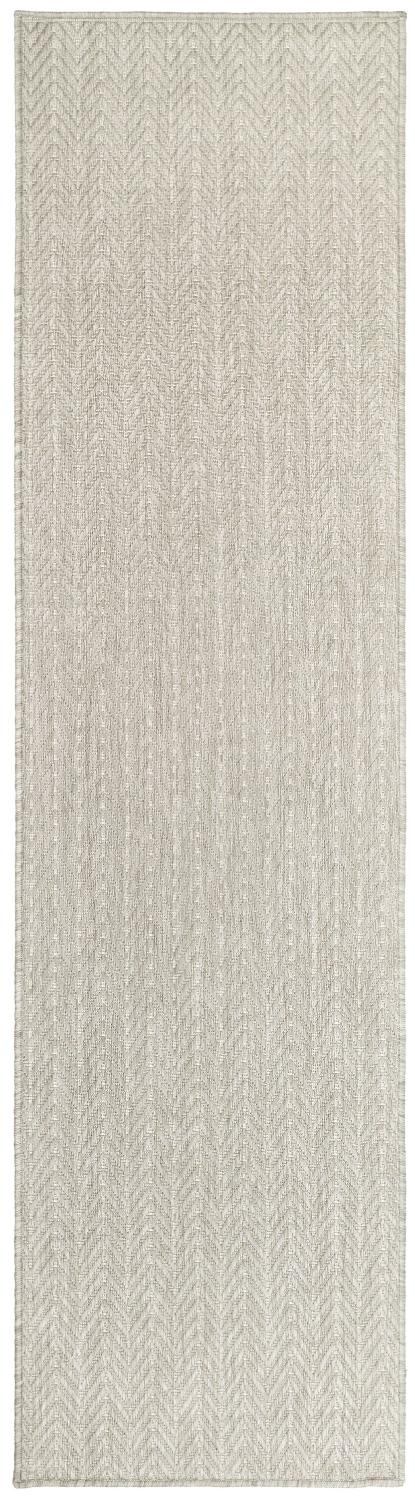 Cream-beige chevron woven runner rug with textured pattern; neutral, versatile hallway or entryway floor covering.