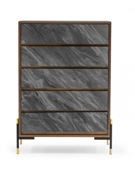 30" Gray And Walnut Faux Marble And Wood Five Drawer Dresser