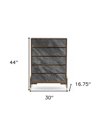 30" Gray And Walnut Faux Marble And Wood Five Drawer Dresser