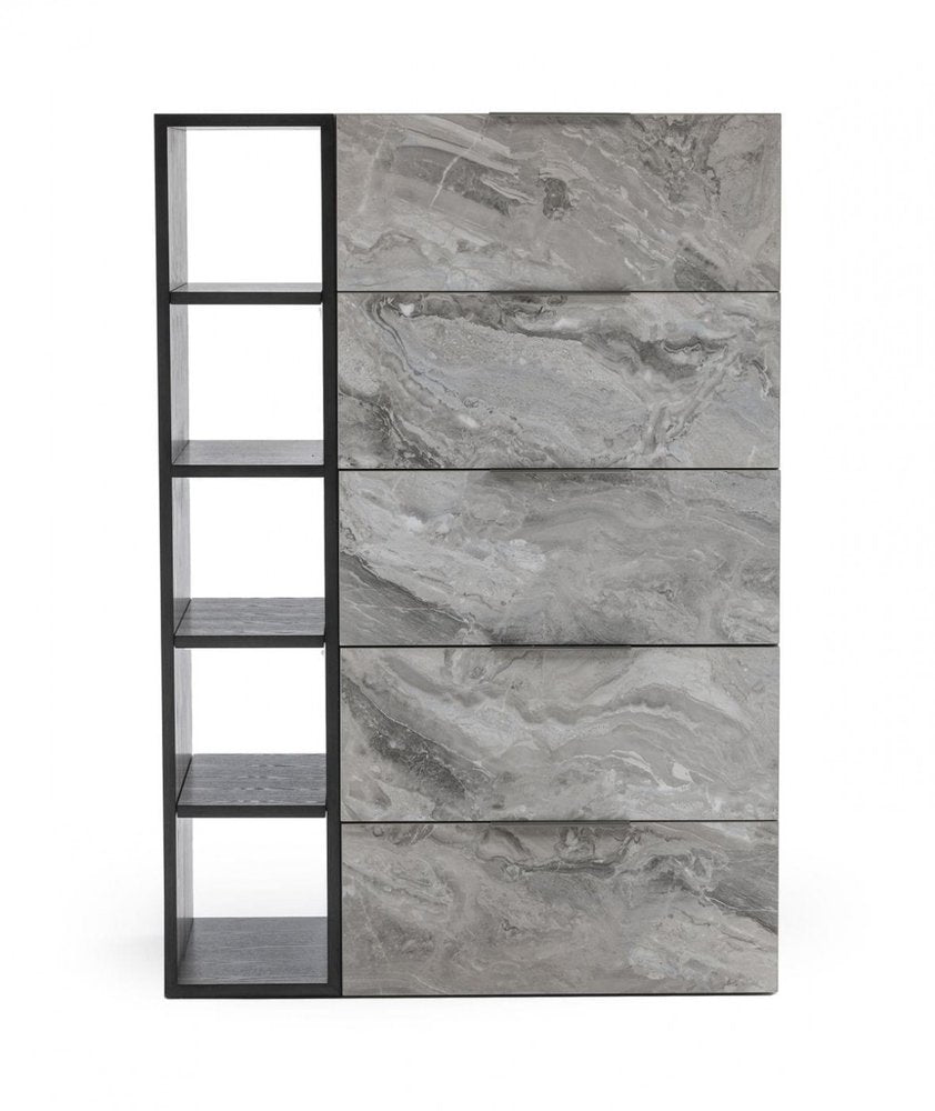 Grey manufactured wood five-drawer chest.