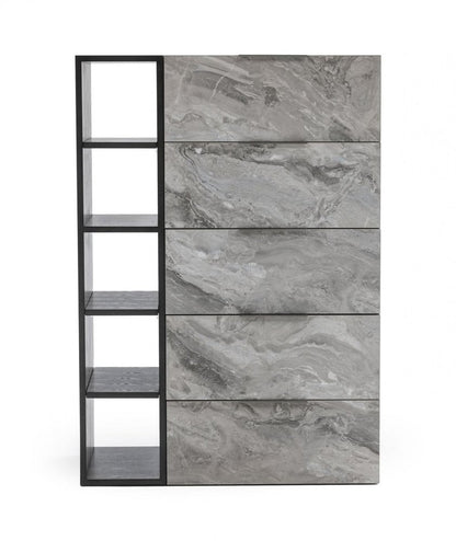 Grey manufactured wood five-drawer chest.
