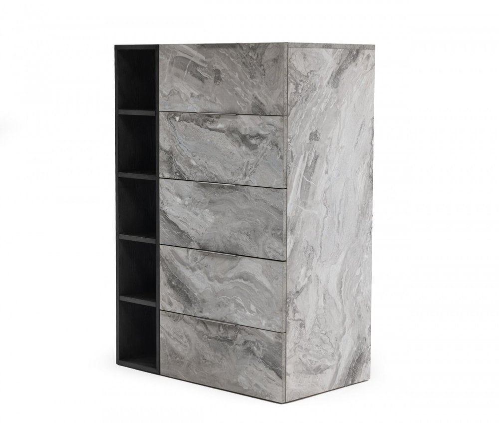 Grey manufactured wood five-drawer chest