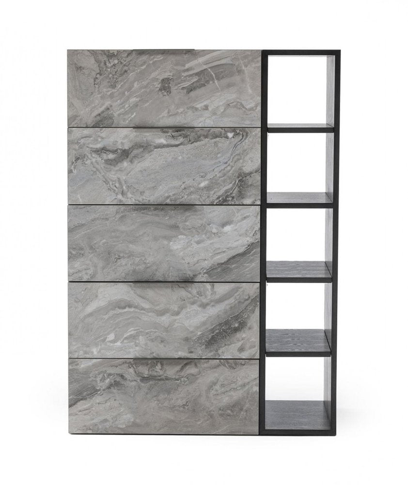 Grey manufactured wood five-drawer chest.