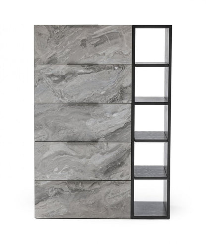 Grey manufactured wood five-drawer chest.